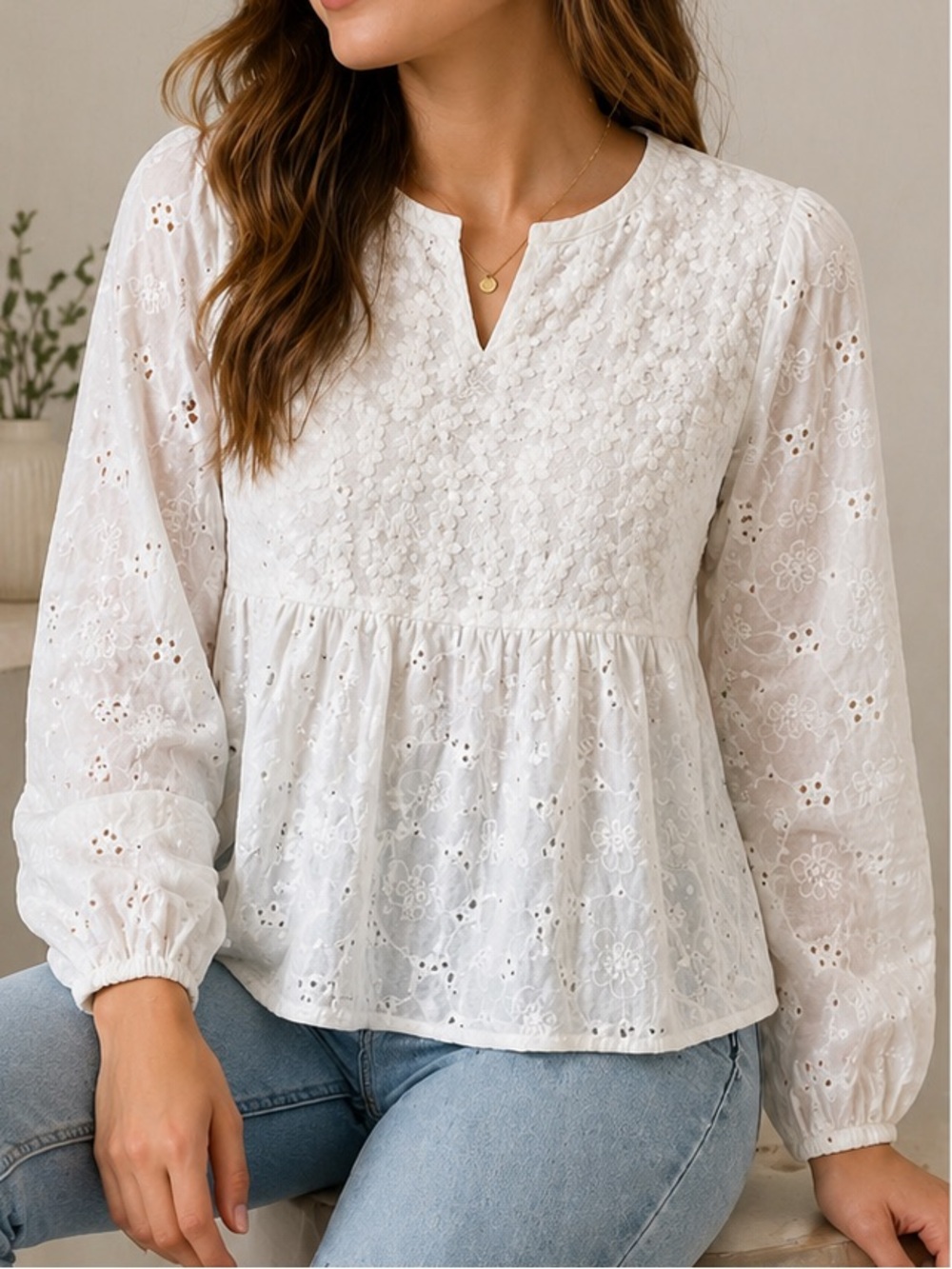 SVS White Eyelet Lace Peplum Blouse